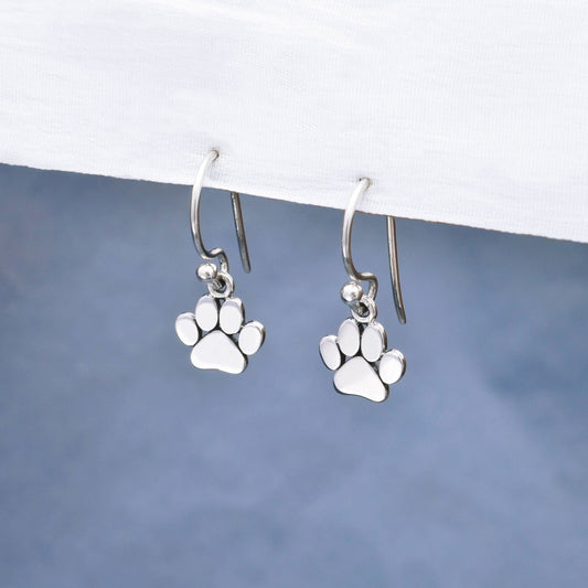 Sterling Silver Paw Print Dangle Earrings 21x9mm